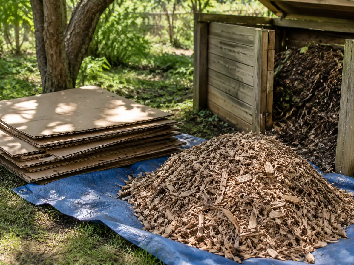 Куски гофрокартона и горка древесной щепы на брезенте возле компостника