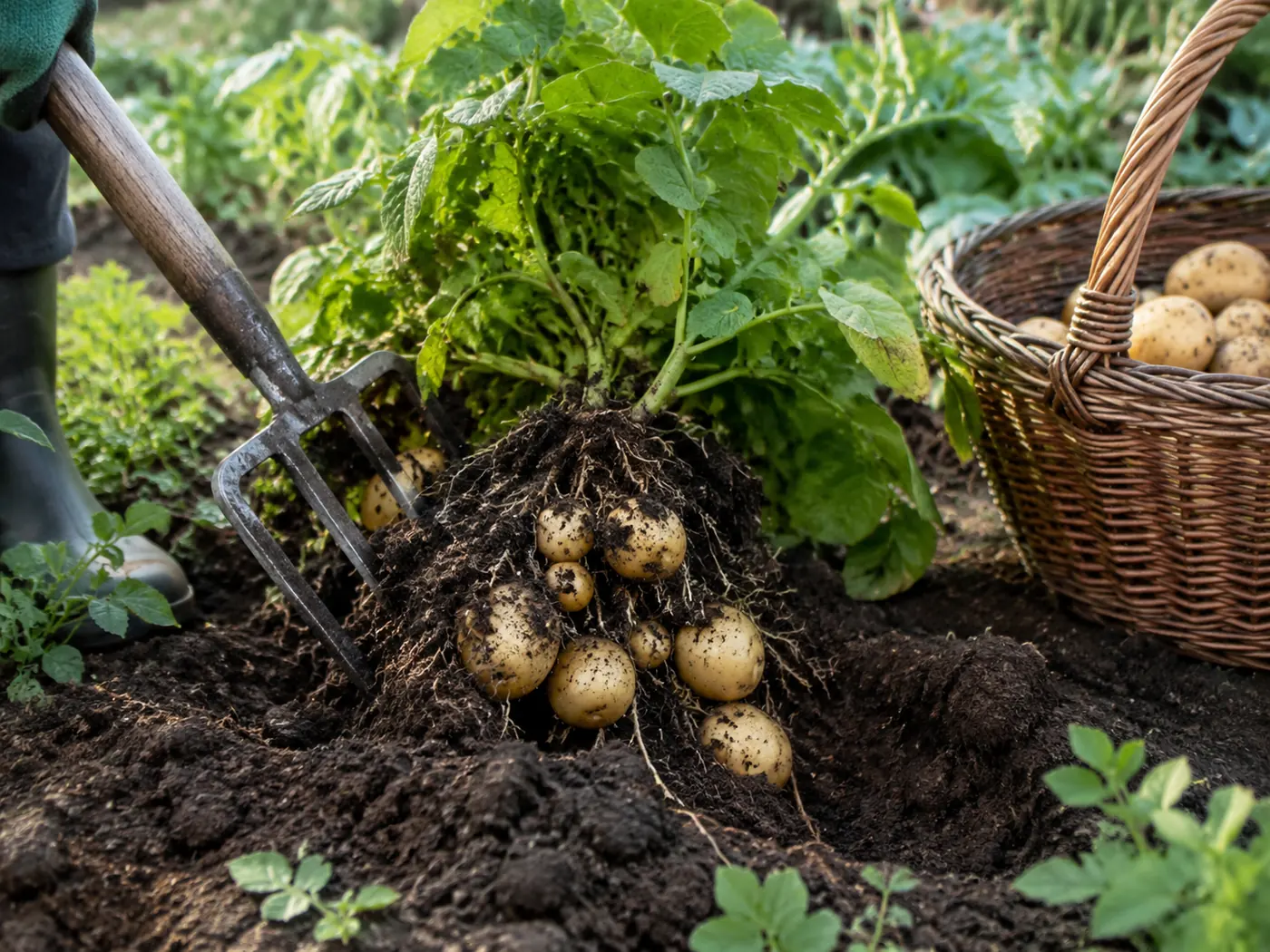 Подкапывание куста молодого картофеля садовыми вилами на грядке